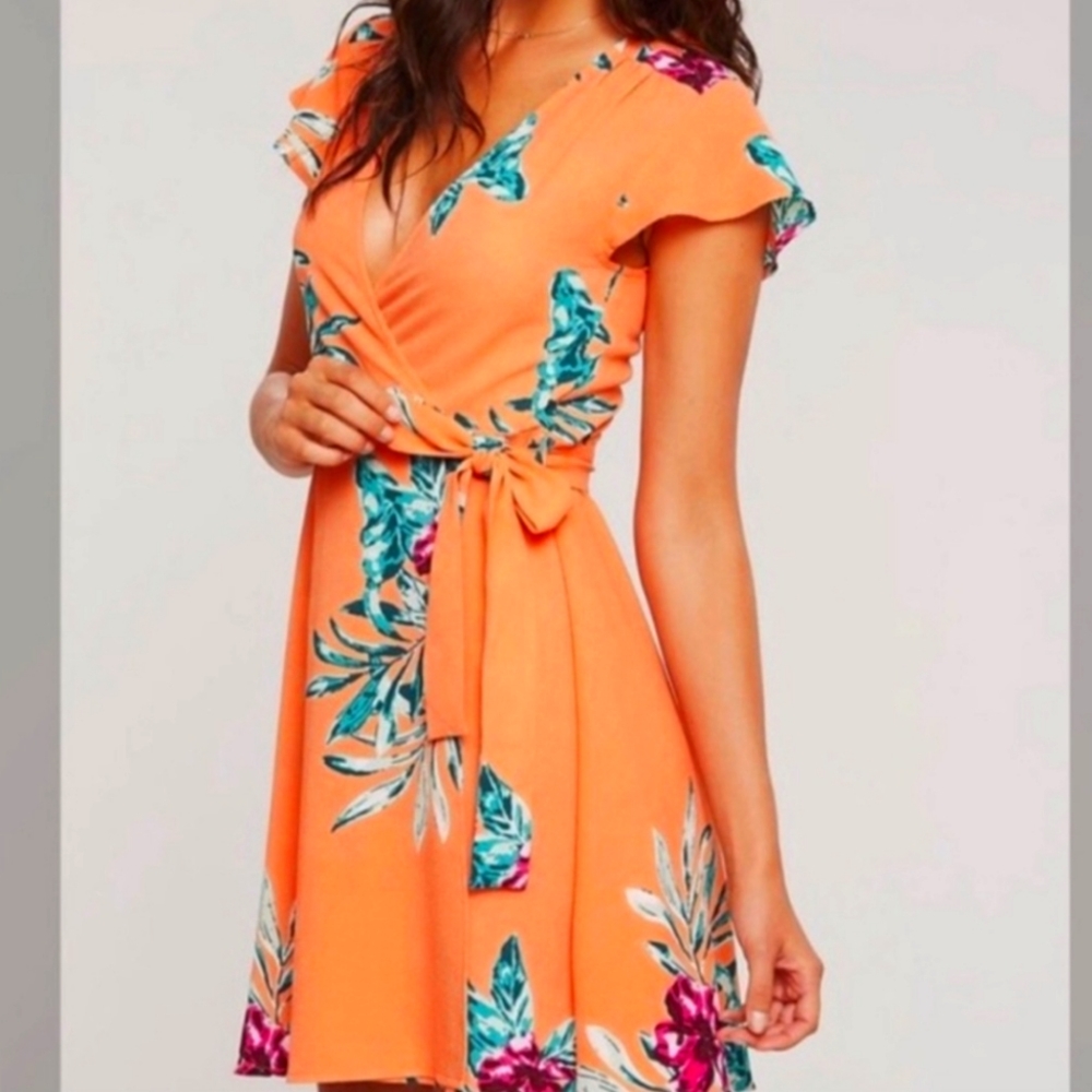 Charlotte Russe Tropical Orange Palm Wrap Dress - M
